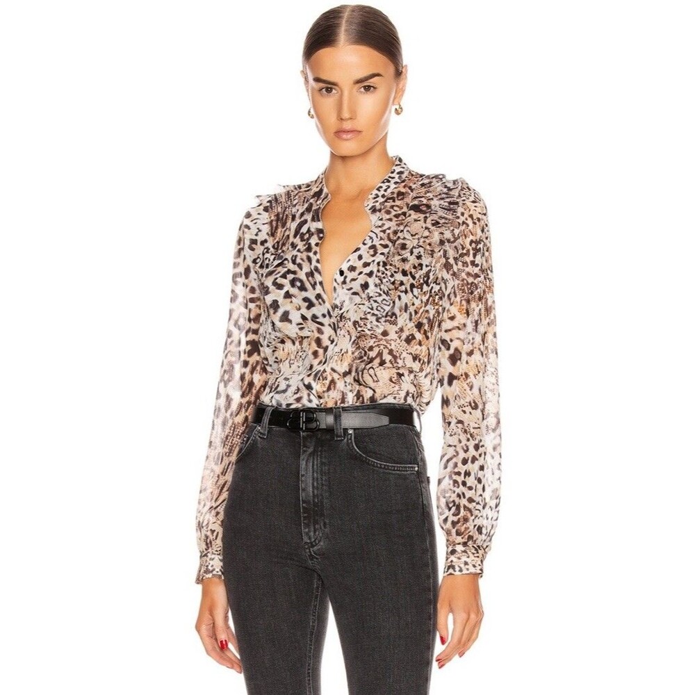 L’Agence Nadine Ruffle Shoulder Blouse Sundari Lynx Size Small